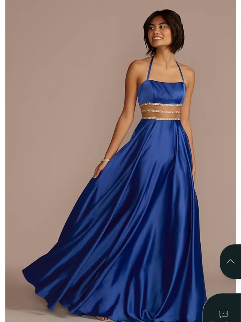 David's Bridal Royal Blue Satin Halter Prom Dress with Gold Waistbands